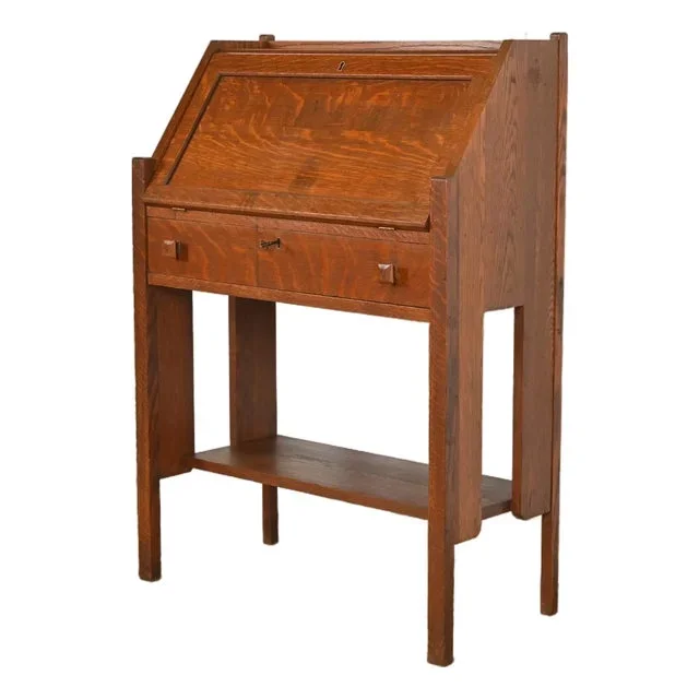 Limbert Style Antique Mission Oak Arts & Crafts Drop Front Secretary Desk, Circa 1900