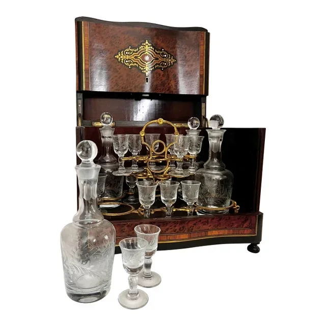 Liqueur Cabinet Tantalus or “Cave À Liqueur” With Crystal Decanter Set | French Napoleon III