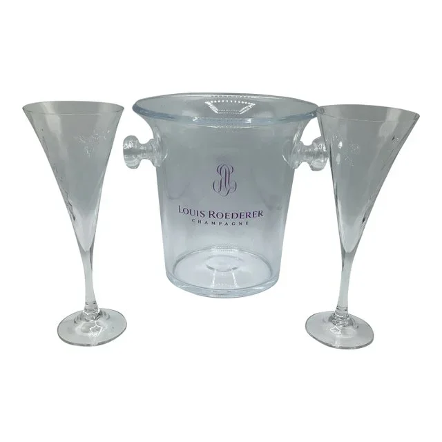 Louis Roederer Lucite Champagne Cooler Bucket With 2 Orrefors Toasting Flutes- Set of 3