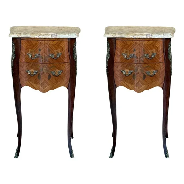 Louis XV French Marquetry Marble Top Nightstands with Two Drawers, 1890s, Set of 2