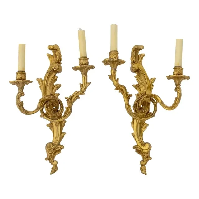 Louis XV Style Gilt Metal Two-Light Sconces, Pair