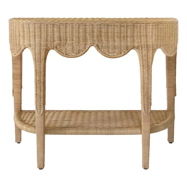 Matthew Izzo Home – Paloma Scalloped Top Demi Lune Rattan Console Table