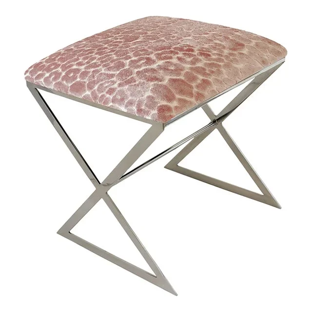 Matthew Izzo Home – X Side Stool in Polished Nickel and Pink Leopard Fabric