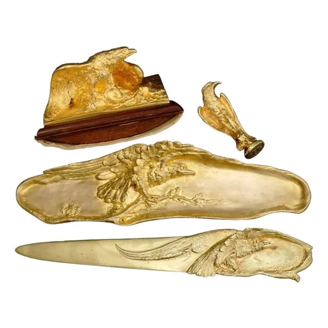 Mid 19th Century Art Nouveau French Gilt Bronze Desk Set by Albert Marionnet, Eagles – 4 Piece Set