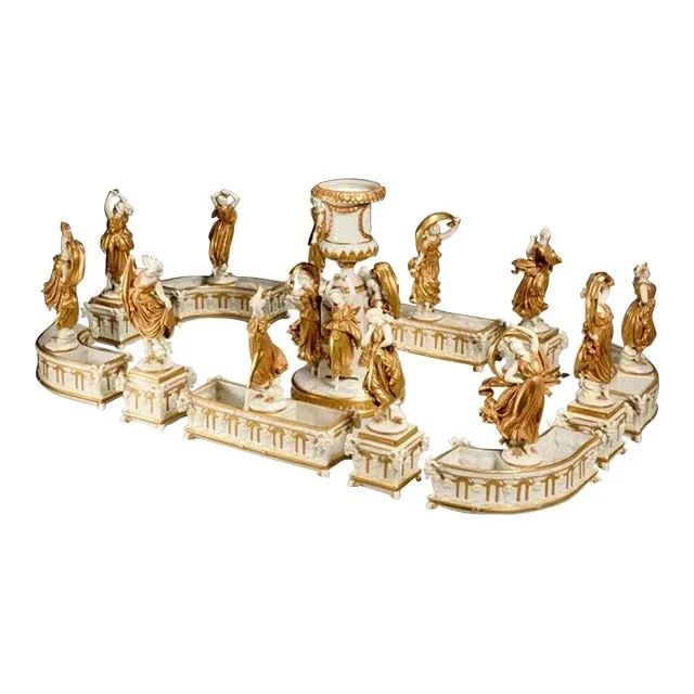 Mid 19th Century Capidemonte Italian Porcelain Surtout De Table Centerpiece in White and Gold Dancing Figures and Urn Ex Museum- 13 Pieces