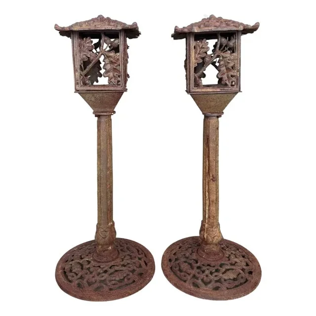 Mid 19th Century Cast Iron Garden Pedestal Lanterns With Acorn Detail – Set of 2