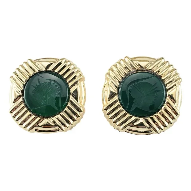 Mid 20th Century 14k Yellow Gold and Carved Soldier Green Onyx Omega Back Earrings – 2 Pieces