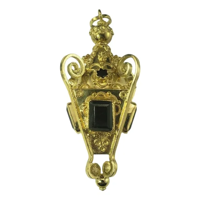 Mid 20th Century 18 Karat Yellow Gold Emerald and Garnet Ornate Fob Pendant