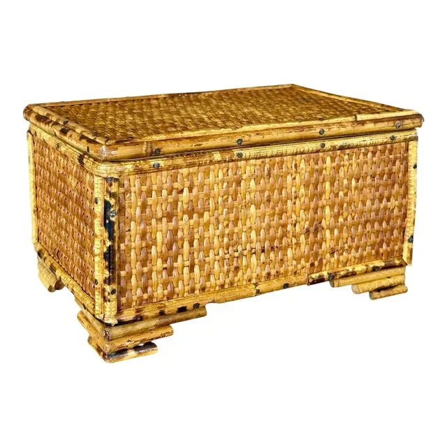 Mid-20th Century Coastal Cane and Bamboo Trinket or Jewelry Box on Tiered Feet