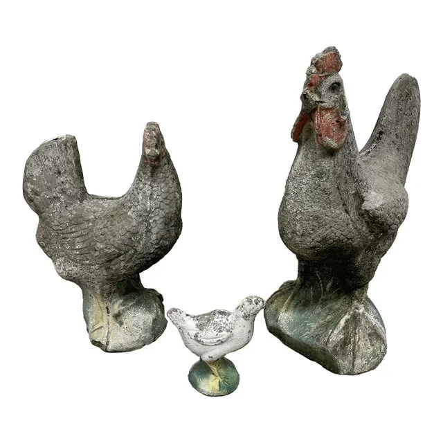 Mid 20th Century Concrete Family of Chickens, 3 Pieces