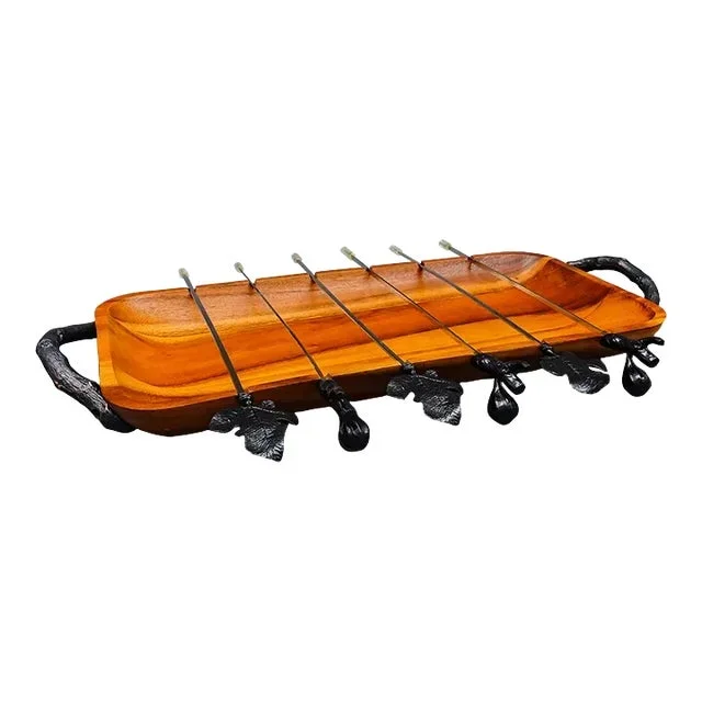Mid 20th Century Michael Aram Fig Leaf Kebab & Skewer Acacia Wood Grilling Platter Set- 7 Pieces