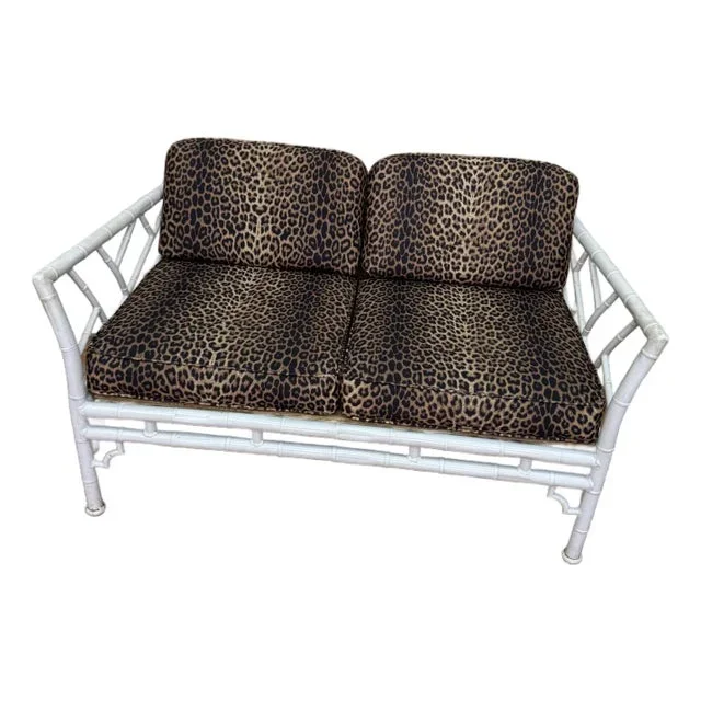 Mid 20th Century Vintage Faux Bamboo Iron Chinoiserie Loveseat Settee With Leopard Print Cushions