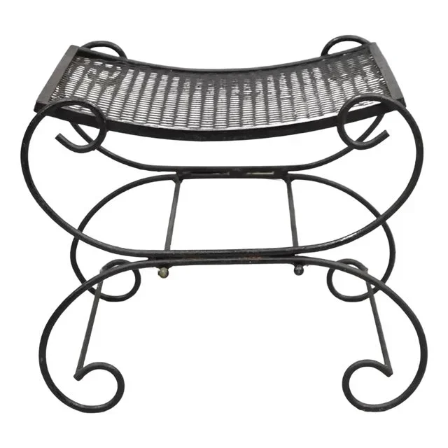 Mid 20th Century Vintage Hollywood Regency Black Wrought Iron Curule Scrolling Bench