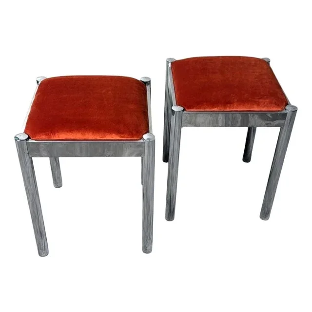 Mid 20th Century Vintage Pair of Italian Steel Stools With Terracotta Velvet Seat