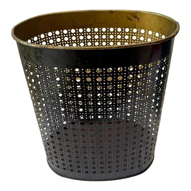 Mid Century 1950s Wiebro Perforated Metal Oval Wastebasket Trash Can