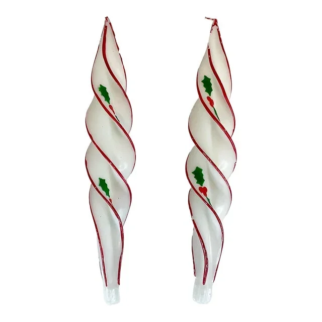 Mid-Century Boho Chic Christmas White Spiral Holly Candles – a Pair