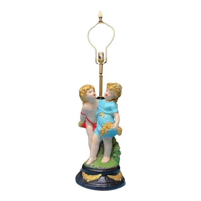 Mid-Century Chalkware Tender Cherubs Table Lamp