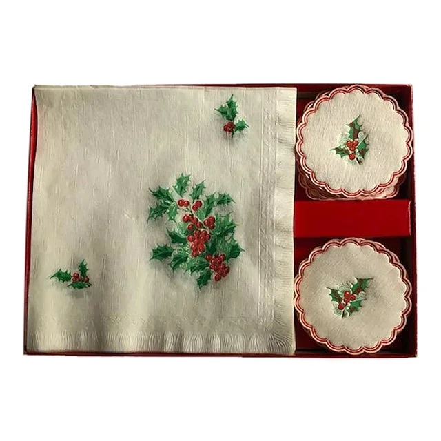 Mid-Century Holiday Holly Napkin and Coaster Set- 40 Pieces