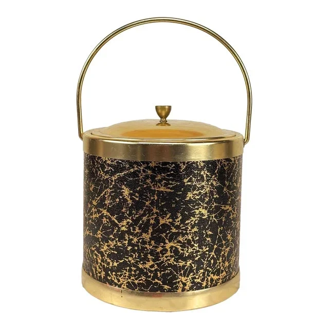 Mid-Century Hollywood Regency Italian Gold & Black Ice Bucket
