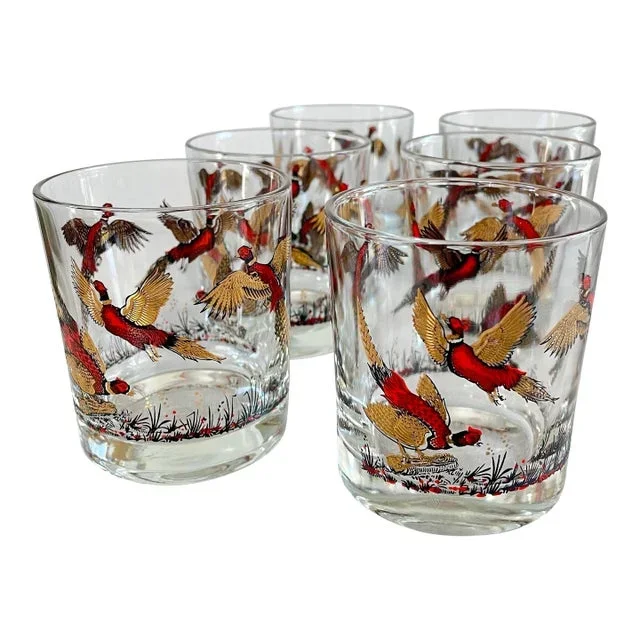 Mid-Century Modern Gold Pheasant Hunting Glasses – Set of 6