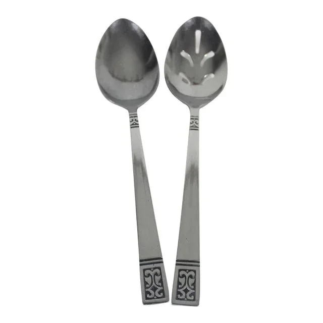 Mid Century Modern Pierced Stainless Steel Slotted Serving Spoons- Set of 2