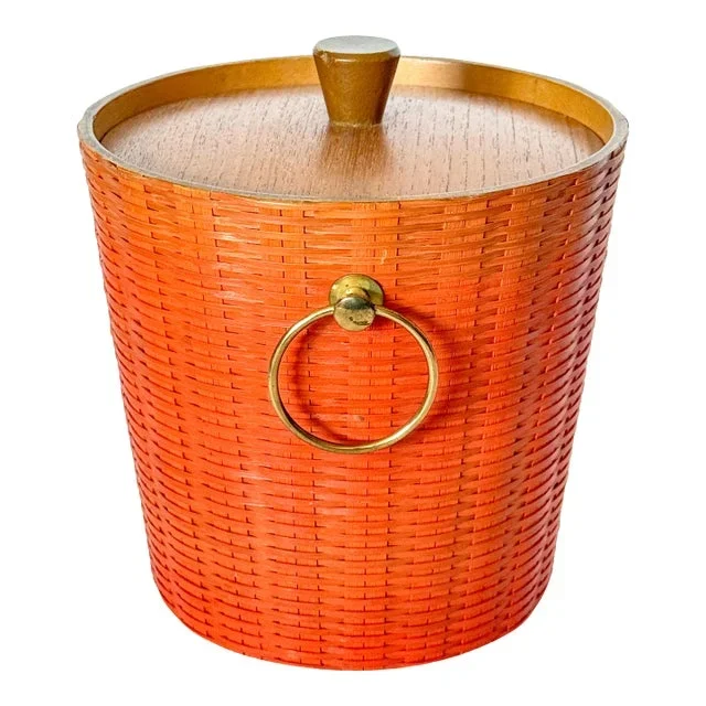 Mid Century Persimmon Woven Rattan and Teak Ice Bucket