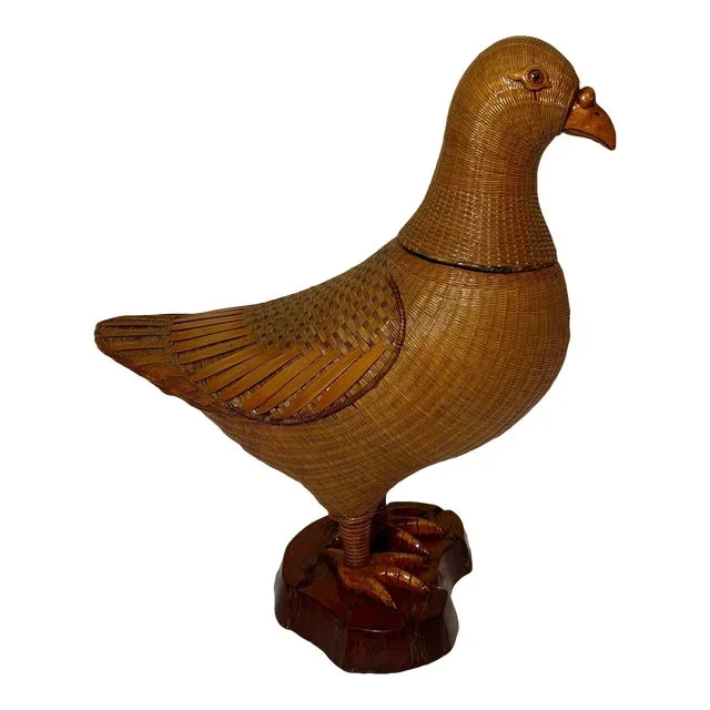 Mid Century Shanghai Handicrafts Woven Wicker Rattan Bird Figurine Box