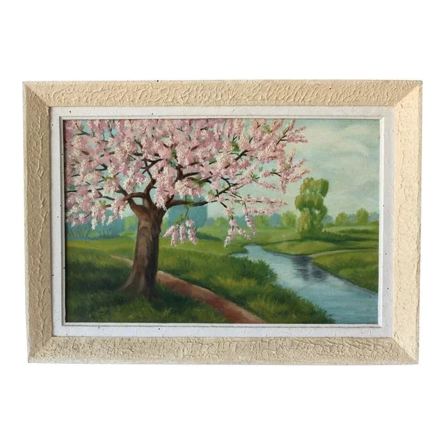 Midcentury French Cherry Blossom Landscape Painting