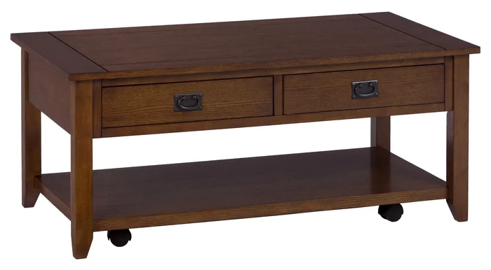 Mission Oak Castered Cocktail Table with 2 Pull-Thru Drawers 1032-1 by Jofran at Old Brick Furniture & Mattress Co.