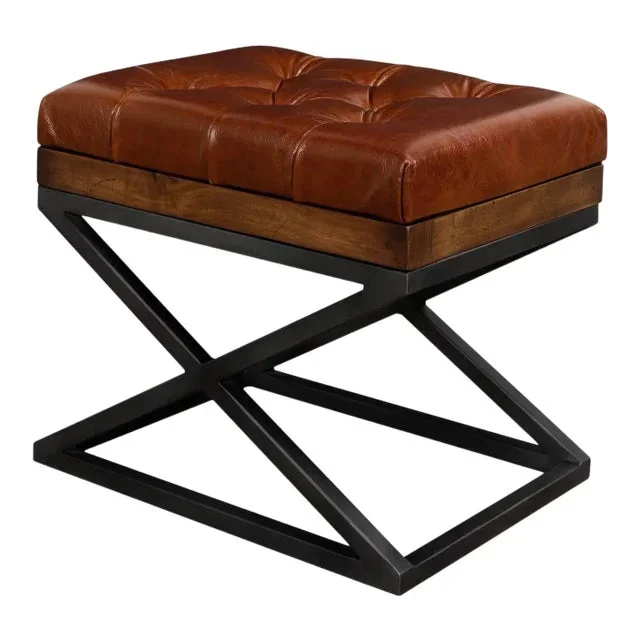 Modern Tufted Leather X Frame Stool