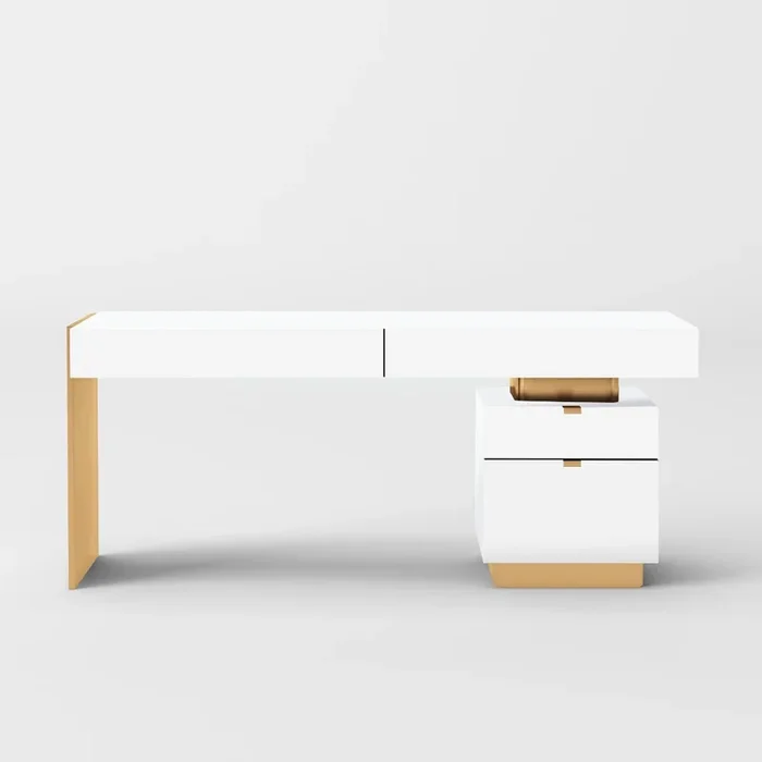Modrest Trahan Modern Gloss White and Brushed Gold Office Desk