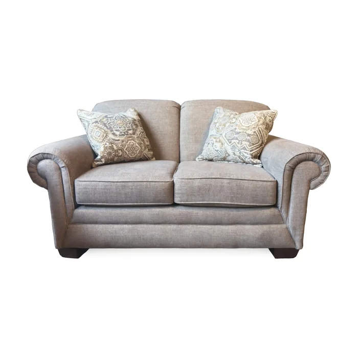 Monroe Loveseat – Lucille Mushroom w/Garcia Toast Pillows 1436R-LUCILLEMUSHROOM-GARCIATOAST by England Furniture at Old Brick Furniture & Mattress Co.