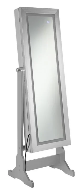 Moore Cheval Mirror with Jewelry Storage – Floor-Length Silver Standing Mirror with LED Lighting, Adjustable Swivel, and Hidden Jewelry Organizer for Bedroom
