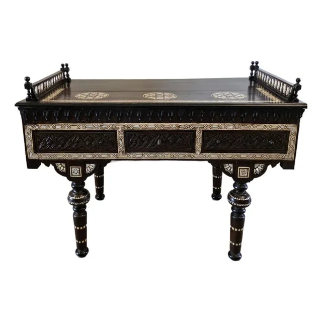 Moorish Style Antique Mother’s of Pearl Inlaid Ebonized Carved Wood Library Table Desk in the Manner of Carlo Bugatti