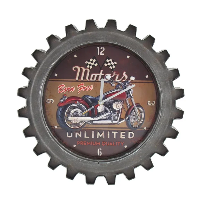 “Motors Unlimited” Motorcycle Themed Gear Shaped Wall Clock with LED Lights