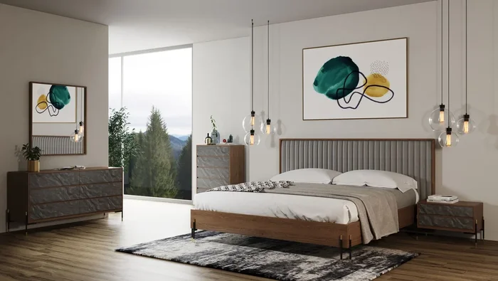 Nova Domus Metcalf Mid Century Walnut & Grey Bed with Two Nightstands