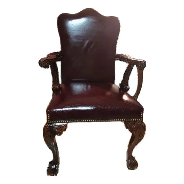 Office Genuine Leather 19th Century English Chippendale Arm Chair Carved Mahogany Ball Claw