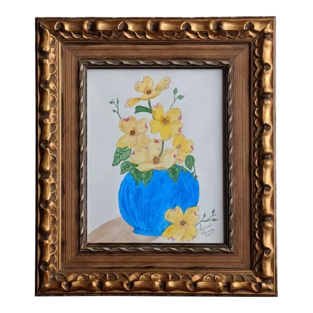 Original Still Life Dogwood Flowers in a Vase Watercolor Painting Framed