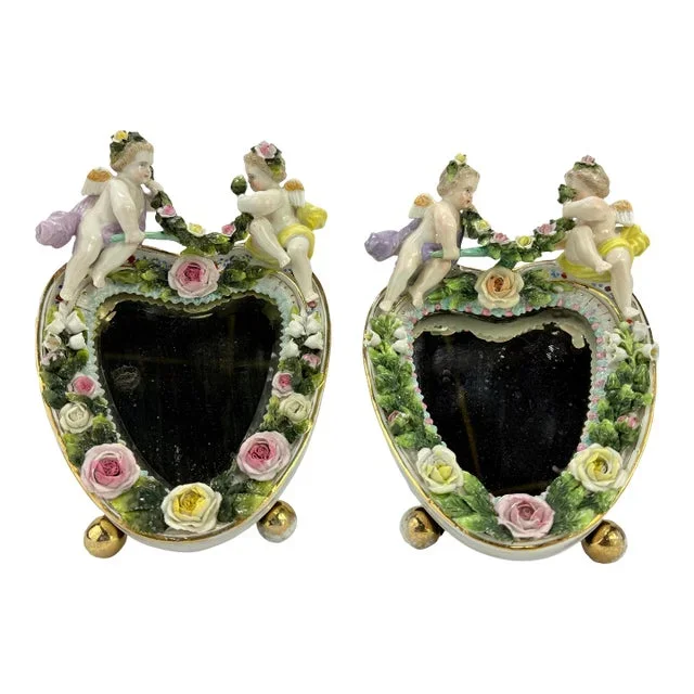 Pair, German Meissen Style Porcelain Table Top Mirrors With Floral Cherubs