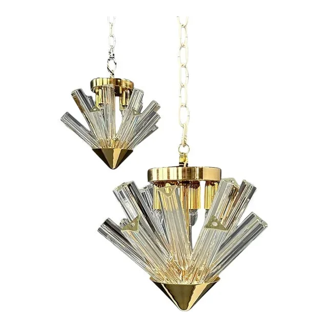 Pair of 1980s Mid-Century Murano Style GlassTriedri & Glass Flush Mount Pendant