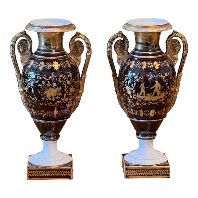 Pair of 19th Century Old Paris Urns With Gilt Decoration