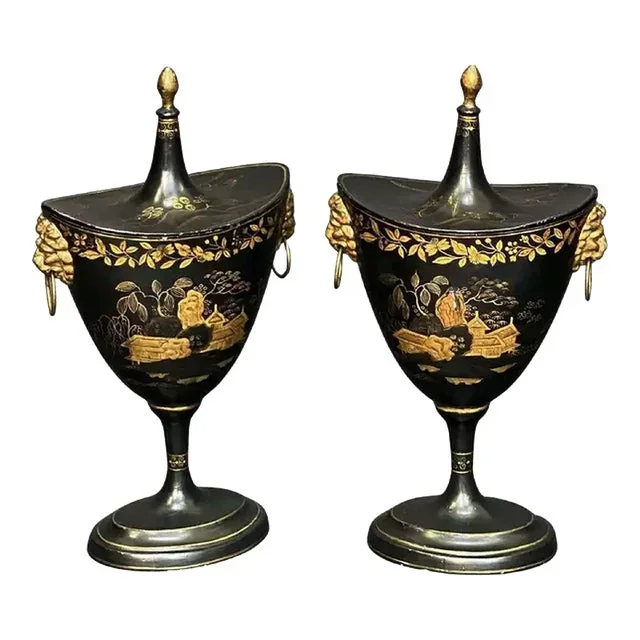 Pair of Early 19th C. Chestnut Urns With Chinoiserie Decoration From Holland