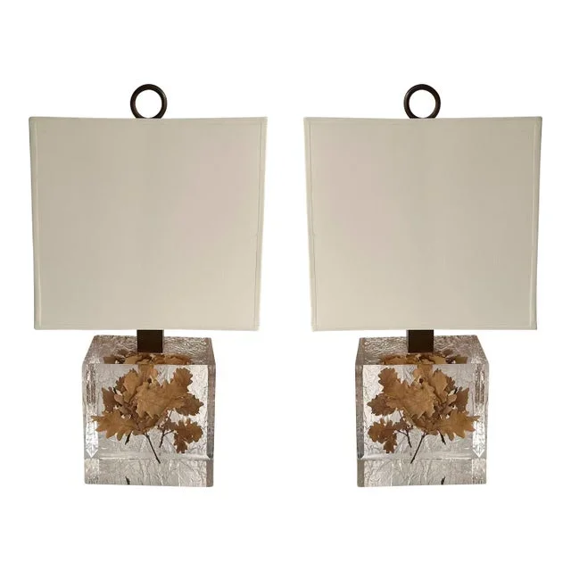Pair of Lamps Fractal Resin Inclusion Leaves and Brass, France, 1970s