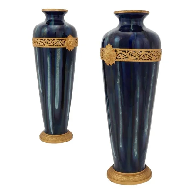 Pair of Late 19th Century French Cobalt Flambe Glazed Pottery Vases With Gilt Bronze Mounts