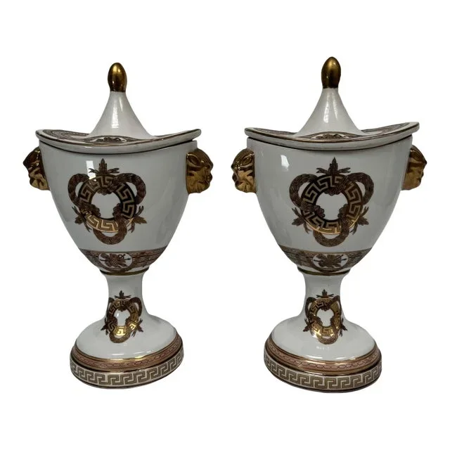 Pair of Late 20th Century Oriental Accent Neoclassical-Style Covered Urns