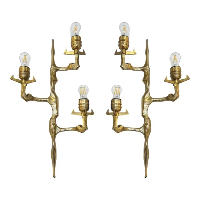 Pair of Midcentury Sculptural Brass Wall Sconces