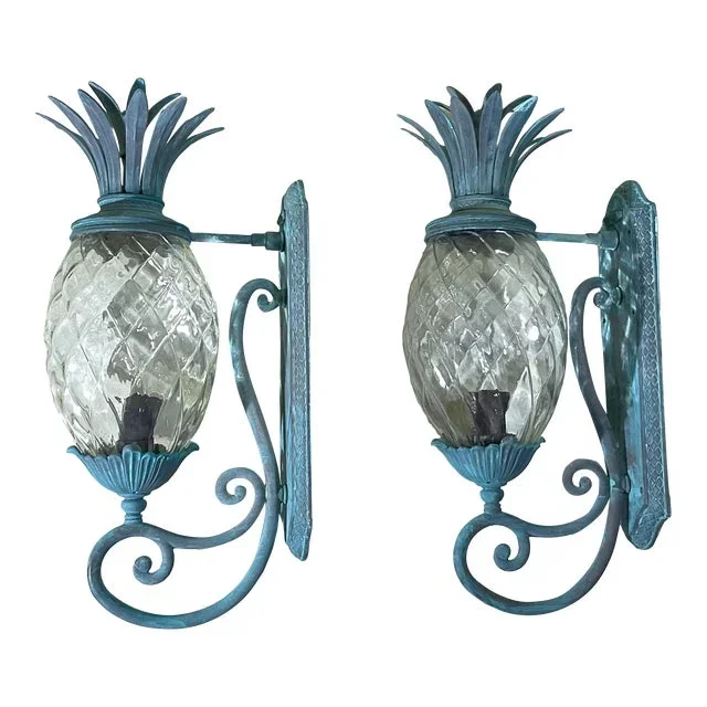 Pair of Vintage Pineapple Bronze and Brass Sconces – Tropical Elegance