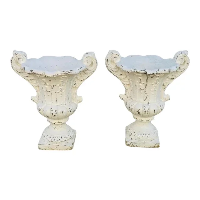 Pair of Vintage White Painted Concrete Garden Urns With Swag Detailing