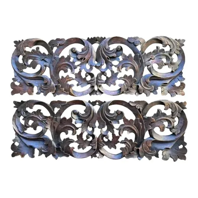 Pair of Wood Carved Panels With Fleur-De-Lis Ancanthus Design Wall Decor