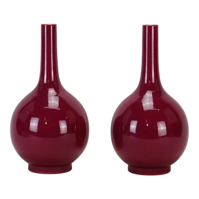 Pair of Yongzheng Mark, Chinese Early 20th Century Red Glaze Cone-Handled Vase
